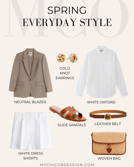 For this spring outfit, start with an all-white base. These dress shorts and a white button down are perfect. Next, add a neutral blazer and leave it unbuttoned. Add leather accessories to finish the look like this slide sandals, brown belt, and this wicker purse.

#LTKstyletip #LTKSeasonal