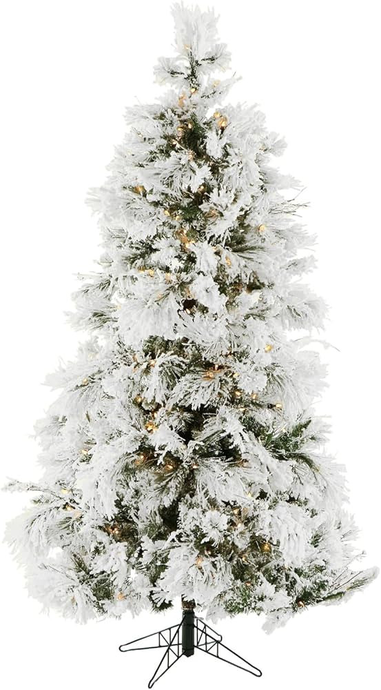 Fraser Hill Farm 7.5-Ft. Pre-Lit Snow Flocked Snowy Pine Artificial Christmas Tree with Warm Whit... | Amazon (US)