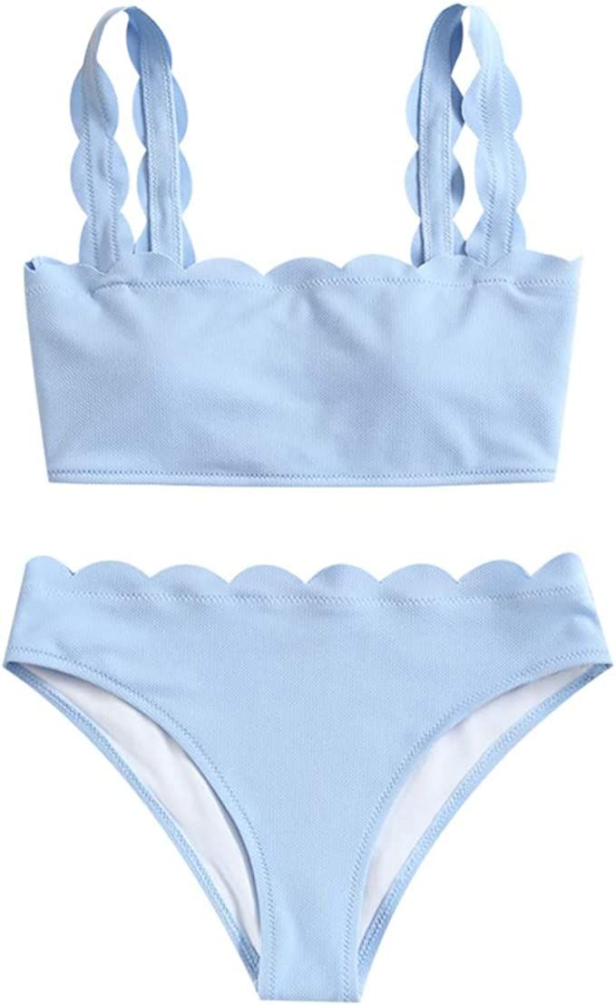 ZAFUL Women's High Waisted Wide Strap Adjustable Back Lace-up Bikini Set Swimsuit | Amazon (US)