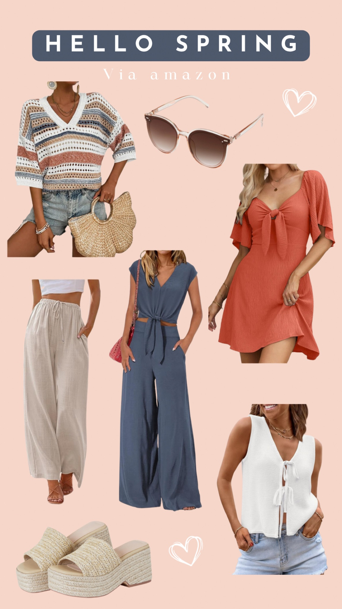Hello Spring💙
Spring outfits, daylight savings, crochet striped top, jumper set, linen pants, wedges heels, tie tank top, sunglasses, flowy short dress, warm weather, summer, amazon, fashion, trending, clean girl, boss babey

#LTKsalealert #LTKSeasonal #LTKstyletip