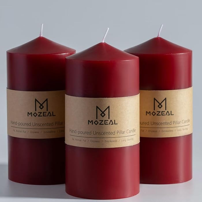 MOZEAL 3" x 6" Hand-Poured Unscented Dark Red Pillar Candles,Dripless Candles Set of 3,Long Lasti... | Amazon (US)
