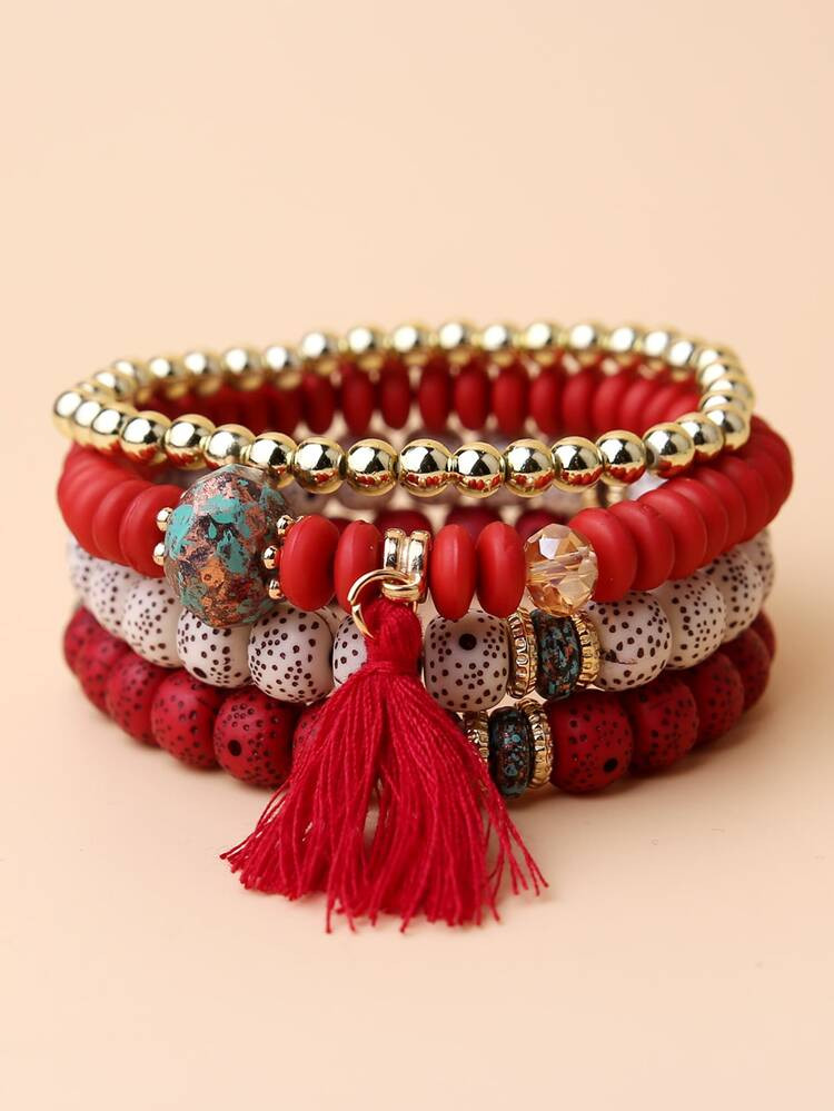 4pcs Tassel Charm Beaded Bracelet | SHEIN