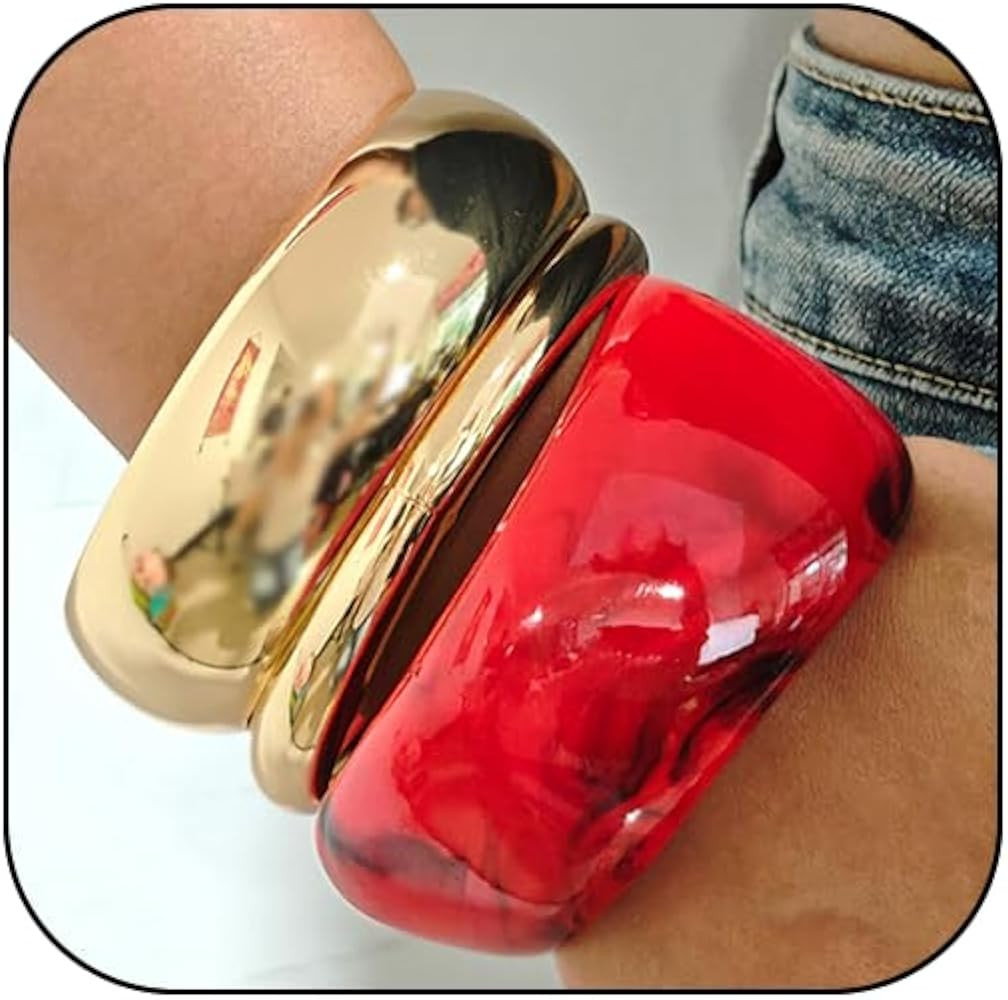 3Pcs Chunky Gold Bracelets for Women Wide Irregular Acrylic Resin Bangle Acrylic Gold Wide Bangle... | Amazon (US)
