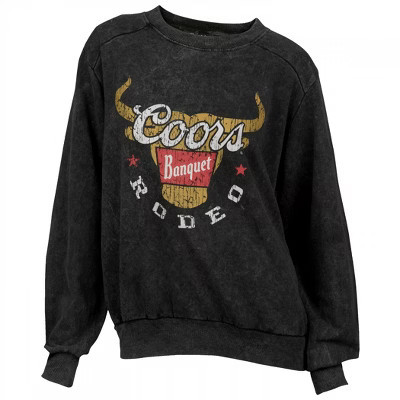 Womens Coors Banquet Rodeo Long Horns Logo Black Mineral Wash Crew Sweatshirt - Small | Target