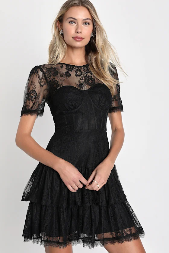 Sultry Essence Black Lace Short Sleeve Tiered Bustier Midi Dress | Lulus (US)