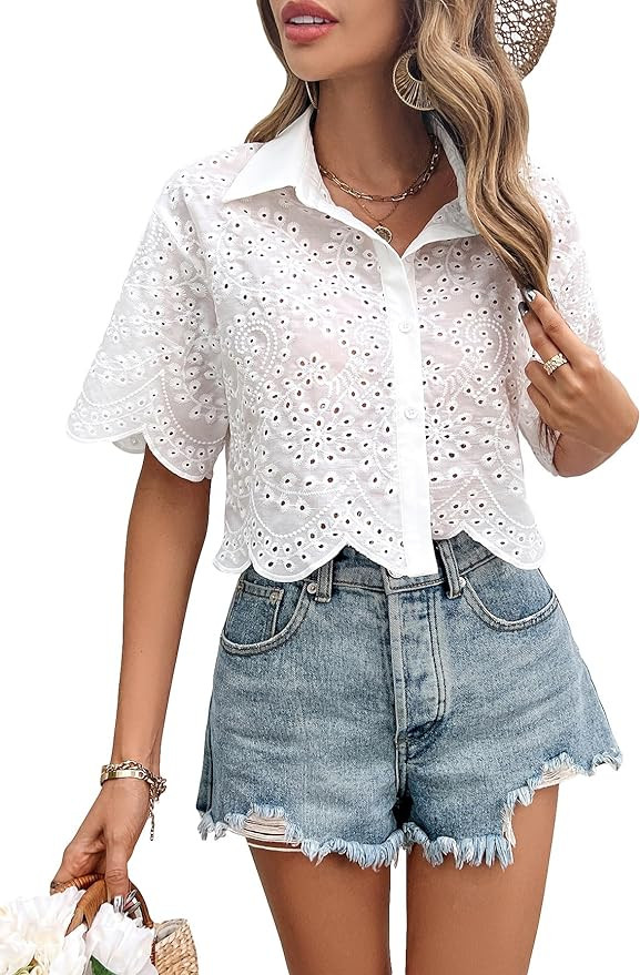 Verdusa Women's Short Sleeve Collar Floral Eyelet Hollow Out Button Front Semi Sheer Blouse | Amazon (US)