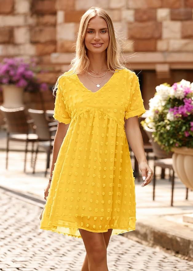 KIRUNDO Womens Summer Dresses 2023 Casual V Neck Short Sleeve Swiss Dot Ruffle Loose Flowy Mini B... | Amazon (US)