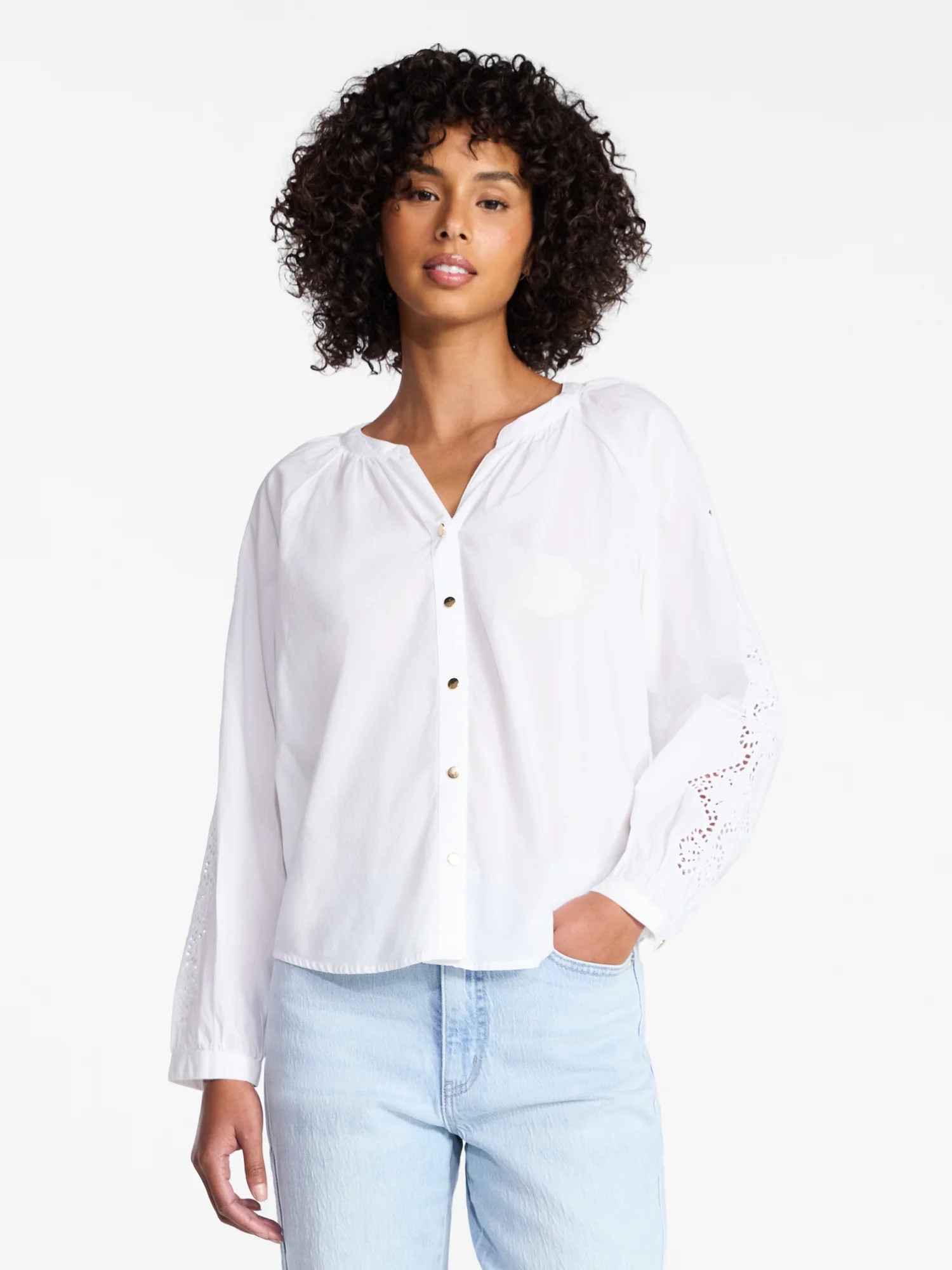 Time and Tru Women's Broderie Blouse with Long Sleeves, Sizes XS-XXXL | Walmart (US)