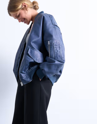 Topshop faux leather washed MA1 bomber jacket in denim blue | ASOS (Global)