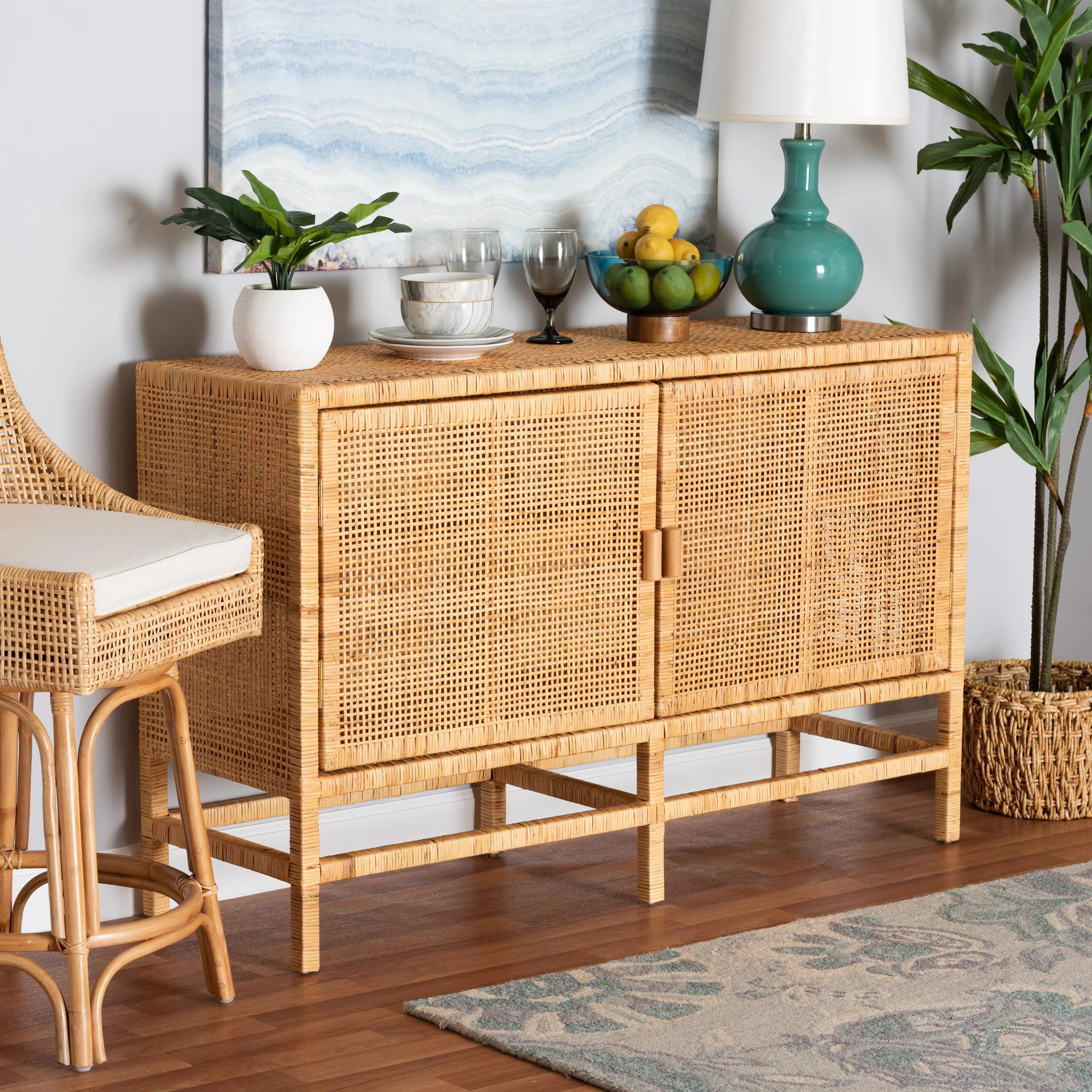 Boyett 2 - Door Rattan and Mahogany wood Accent Cabinet | Wayfair North America