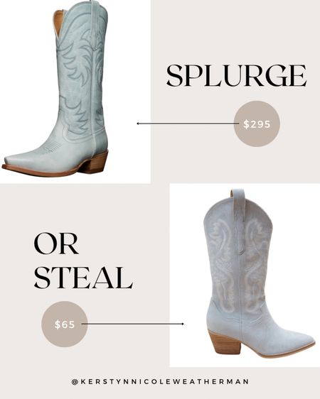 Save versus splurge on cowgirl boots I’ve linked some really cute options that compare to the tecovas style Annie in the color light blue!!! 

#LTKfindsunder100 #LTKstyletip #LTKsalealert