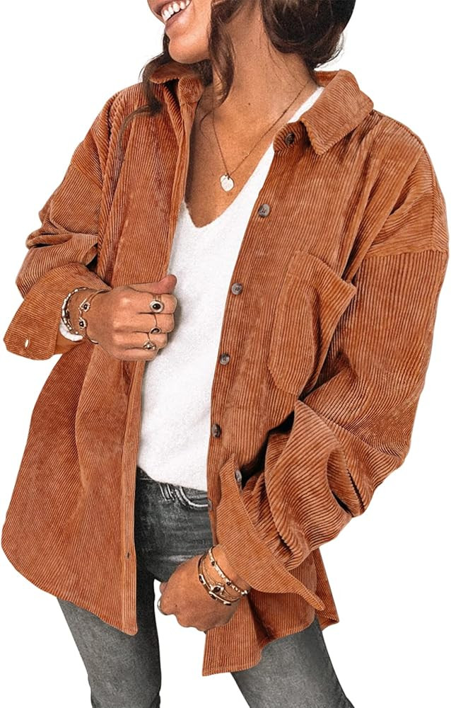 Saslax Womens Corduroy Shirt Long Sleeve Oversized Button Up V Neck Blouses Tops Loose Shacket Ja... | Amazon (US)
