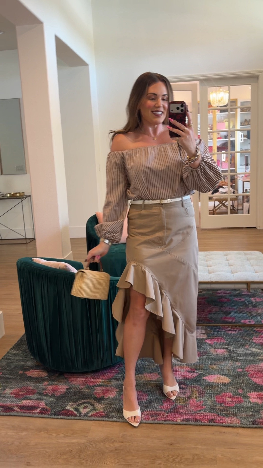 curvy midsize transitional fall look! wearing size medium in brown striped off the shoulder top and medium in ruffle khaki skirt 🤎

#LTKSeasonal #LTKMidsize