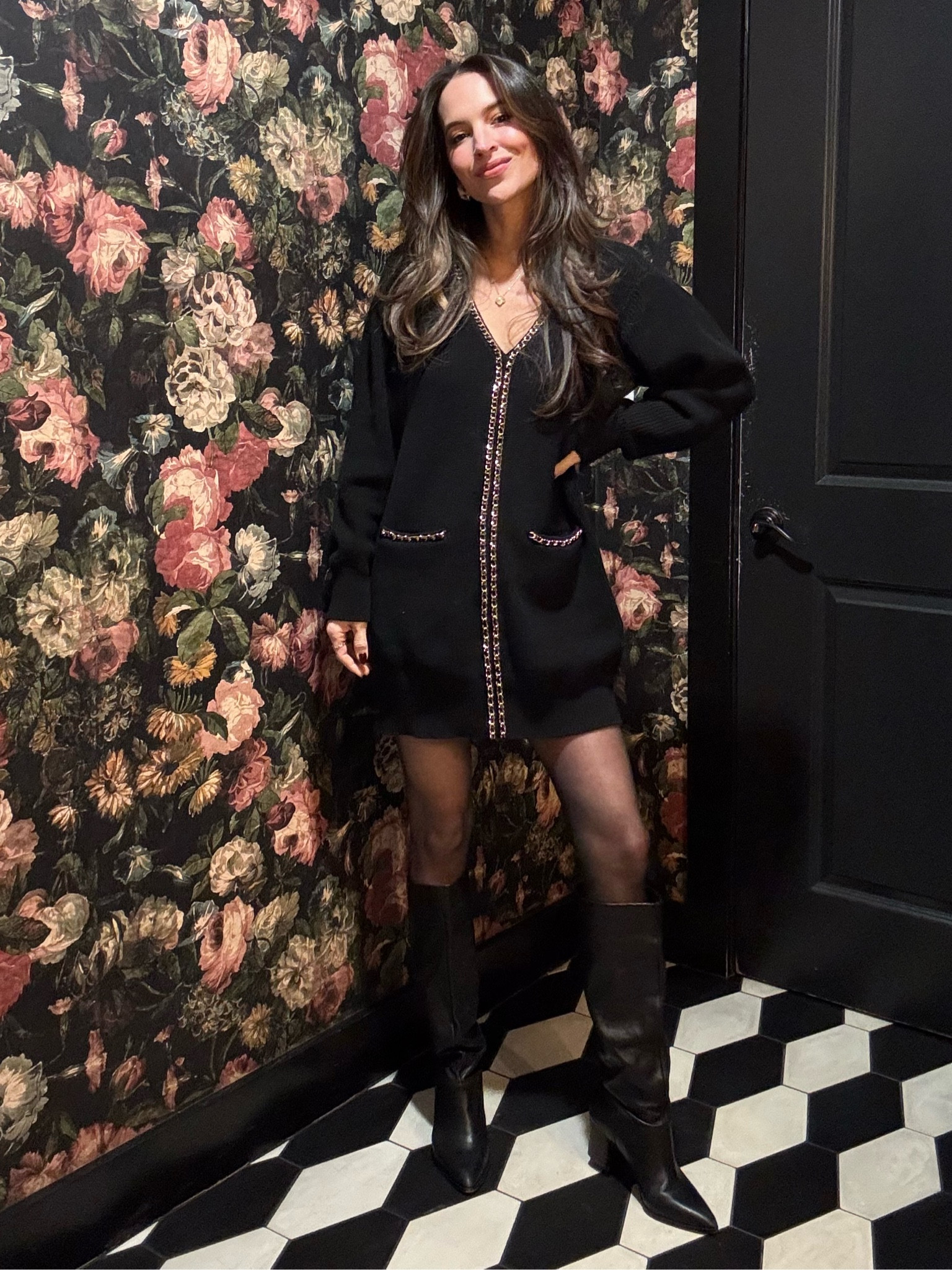 High school/college reunion outfit! Easy elevated sweater dress with gold chain detailing, sheer tights and knee high black boots. Sweater dress runs true to size (wearing S)  

#LTKFindsUnder100 #LTKHoliday #LTKSeasonal