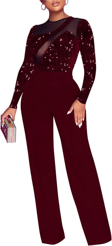 Sprifloral Women Sexy Wide Leg Jumpsuit Romper - Long Sleeve Sequin Mesh High Waisted Pants 1 Pie... | Amazon (US)