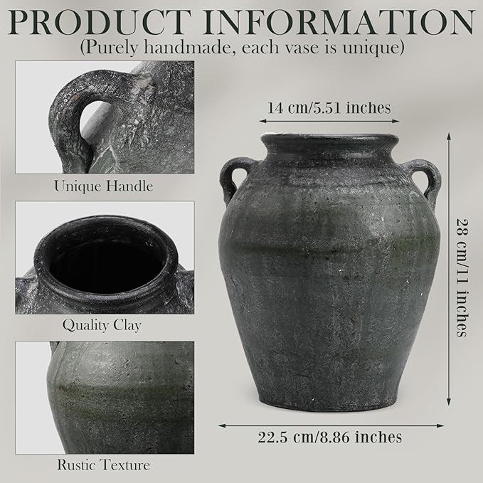 Large Ceramic Vase with 2 Handles 11 Inch Tall Terracotta Vase Rustic Vintage Black Decorative Po... | Amazon (US)