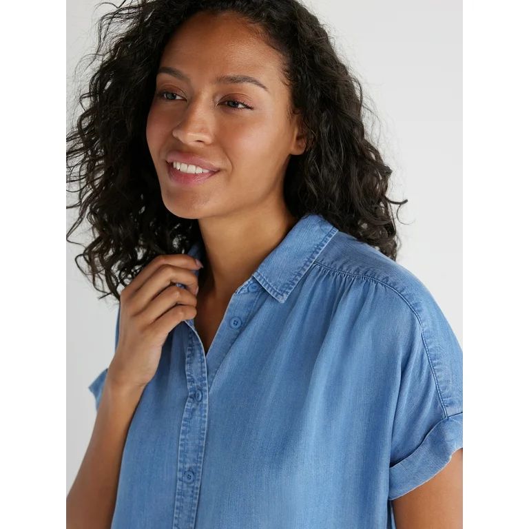 Time and Tru Women's Button Down Camp Shirt with Roll Cuff Sleeves, Sizes XS-XXXL - Walmart.com | Walmart (US)