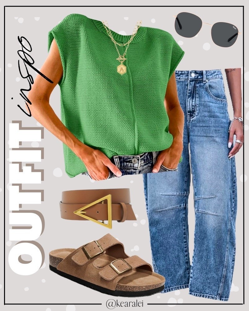 Spring outfits 2026 winter outfit Free People inspired outfit looks for less Amazon fashion affordable outfits Kelly green short sleeve sweater shirt knit top with high rise Amazon barrel jeans barrel leg wide leg jeans baggy denim medium blue jeans tan suede leather Birkenstock sandals slides lookalike cork sole  shoes gold triangle buckle brown leather belt boho outfit casual mom outfit momiform business casual teacher outfit teaching workwear office work wear outfits || #freepeople #boho #amazon #fashion #summer
.
.
deals sales sale alert Amazon fashion, teacher outfits, business casual, casual outfits, neutrals, street style, Midi skirt, Maxi Dress, Swimsuit, Bikini, Travel, skinny Jeans, Puffer Jackets, Concert Outfits, Cocktail Dresses, Sweater dress, Sweaters, cardigans Fleece Pullovers, hoodies, button-downs, Oversized Sweatshirts, Jeans, High Waisted Leggings, dresses, joggers, fall Fashion, winter fashion, leather jacket, Sherpa jackets, Deals, shacket, Plaid Shirt Jackets, apple watch bands, lounge set, Date Night Outfits, Vacation outfits, Mom jeans, shorts, sunglasses, Disney outfits, Romper, jumpsuit, Airport outfits, biker shorts, Weekender bag, plus size fashion, Stanley cup tumbler, boots booties tall over the knee, ankle boots, Chelsea boots, combat boots, pointed toe, chunky sole, heel, high heels, mules, clogs, sneakers, slip on shoes, Nike, adidas, vans, dr. marten’s, ugg slippers, golden goose, sandals, high heels, loafers, Birkenstocks, Steve Madden Target, Abercrombie and fitch, Nordstrom

#LTKootd #LTKSeasonal #LTKSaleAlert