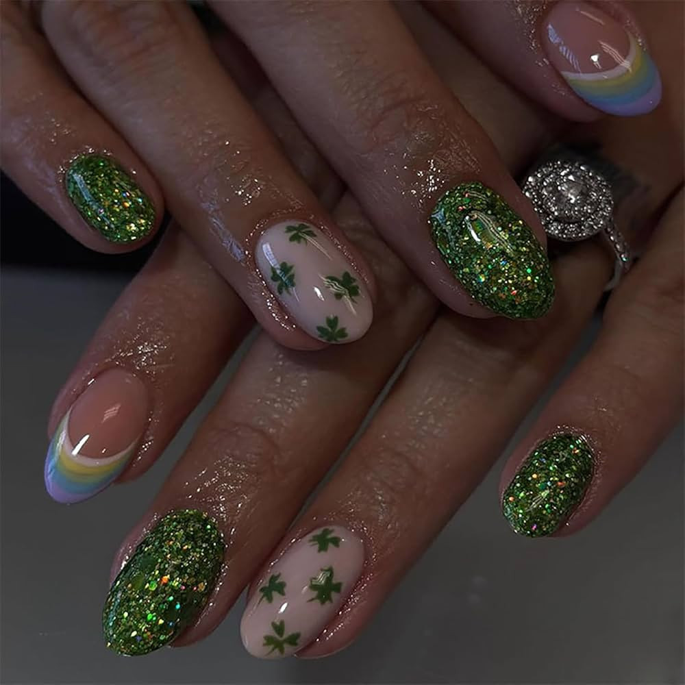 24Pcs Shamrock Press on Nails Short Almond Fake Nails Lucky Irish Four-Leaf Clover with Green Gli... | Amazon (US)
