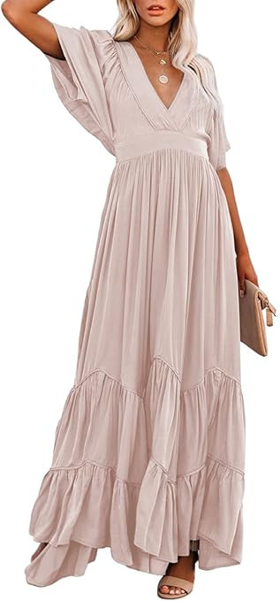 Linsery Women V Neck Ruffle Maxi Dress Balloon Sleeve Layered Beach Long Dresses | Amazon (US)