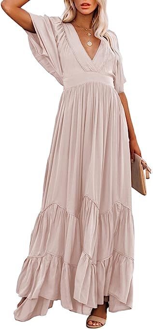 Linsery Women V Neck Ruffle Maxi Dress Balloon Sleeve Layered Beach Long Dresses | Amazon (US)