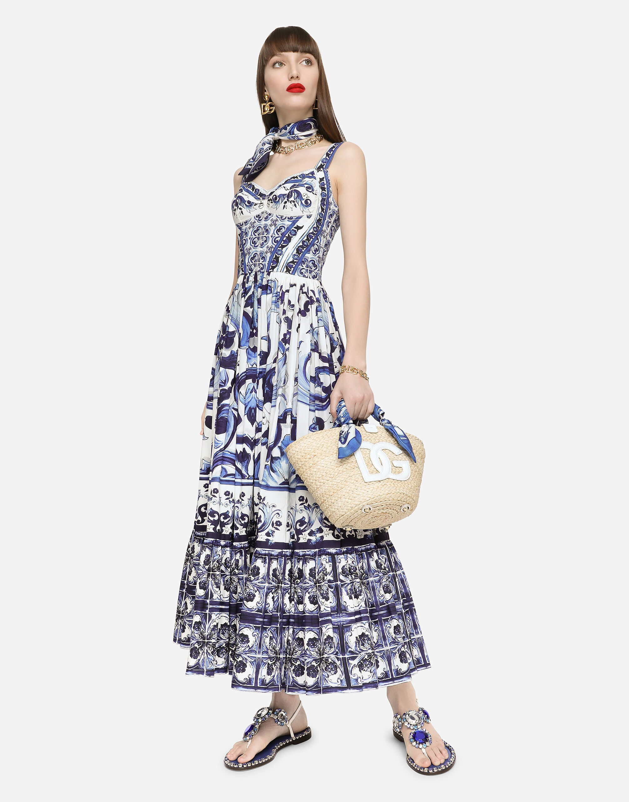 Calf-length bustier dress in majolica-print poplin | Dolce & Gabbana
