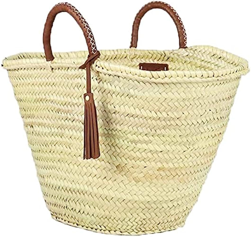 AnewStraw French Basket Bag, Moroccan Straw Beach Bag With Short Tan Strap Leather, Women Style B... | Amazon (US)