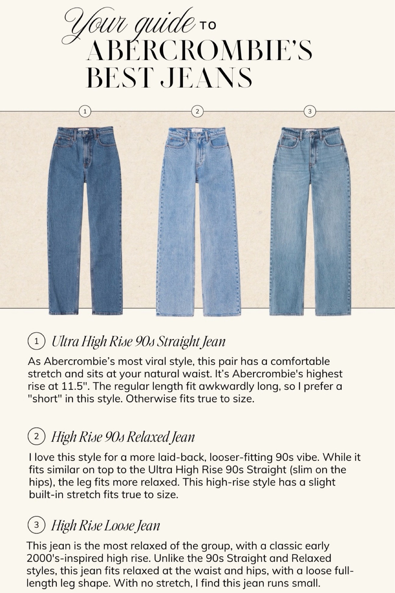 Abercrombie Denim Guide | Abercrombie jeans, Abercrombie curve love jeans, Abercrombie high rise jeans, denim favorites, best jeans, staple denim, staple jeans, ultra high rise jeans, ultra high rise denim, 90s straight jean, straight jeans, loose jeans, loose fit jeans, loose fit jean, baggy jeans, slim fit jeans, relaxed jeans, relaxed fit jeans, top rated jeans 

#LTKStyleTip #LTKSaleAlert #LTKFindsUnder100