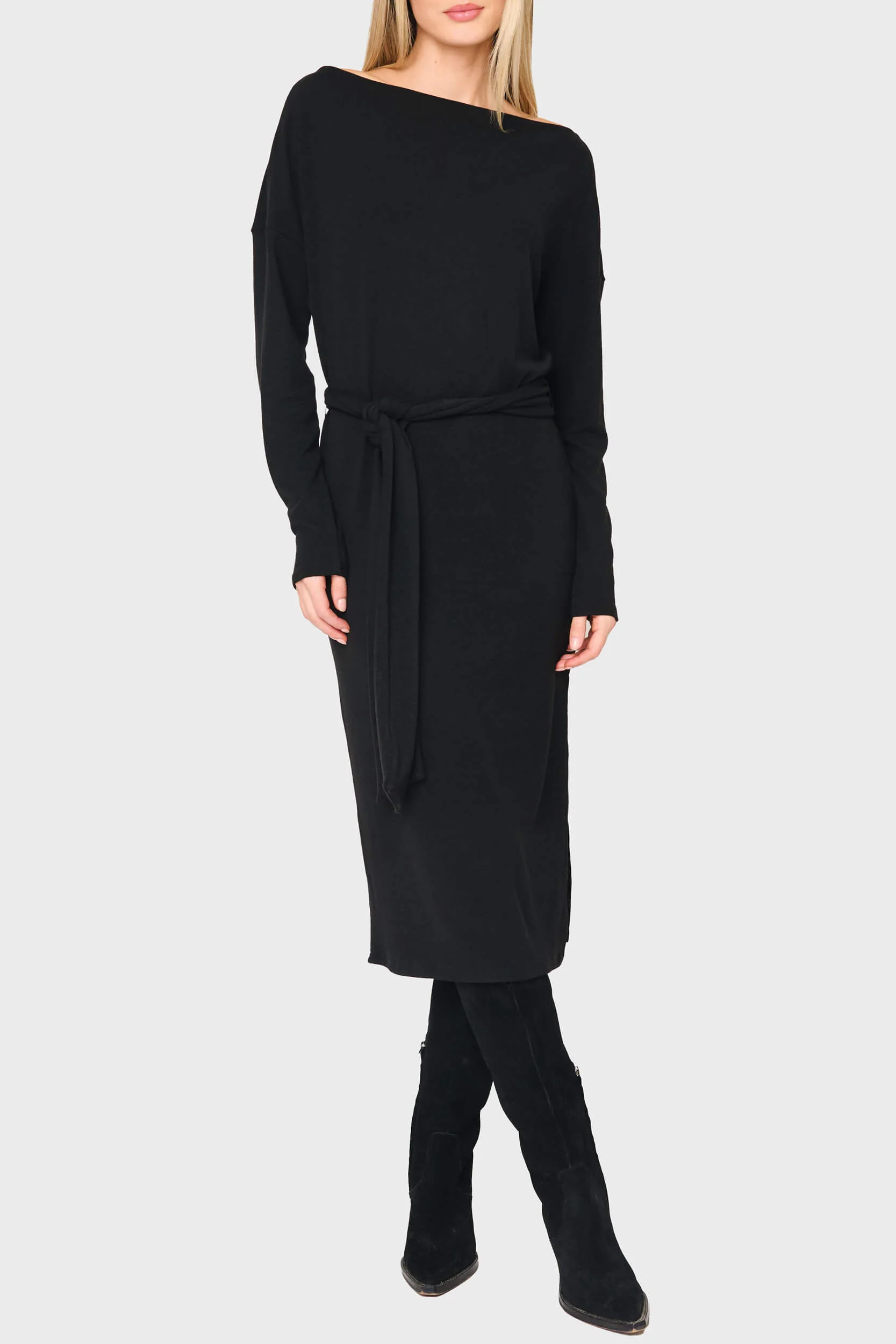 Open Neck Belted Soft Luxe Midi Sweater Dress | Soft Knit | Gibson