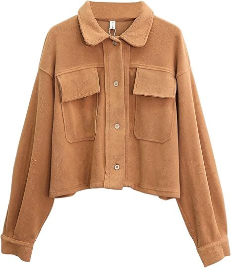 Amazhiyu Womens Button Down Cropped Jacket Polar Fleece Knit Drop Long Sleeve Coat | Amazon (US)