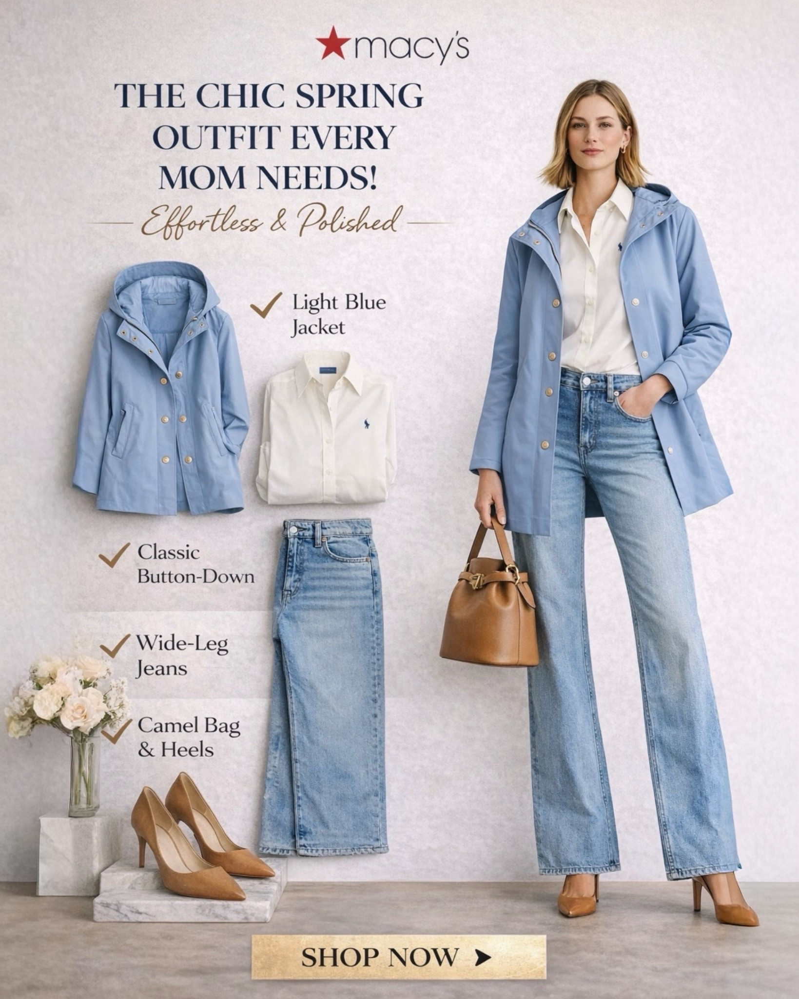Effortless spring style for busy days 🌿 This look is one of those outfits that always works - a light blue jacket, classic button-down, wide-leg jeans, and a timeless camel bag. Polished enough for brunch or meetings, but still perfect for school drop-off and everyday errands.

Sharing this chic spring outfit from Macy’s so you can shop the full look ✨

#LTKootd #LTKSpringSale #LTKmomlife