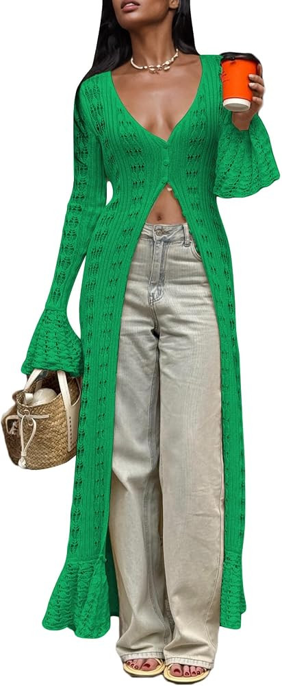 NRTHYE Women Long Crochet Cardigans Button up Knit Hollow Out Elegant Duster Sweaters Cover Up Ma... | Amazon (US)