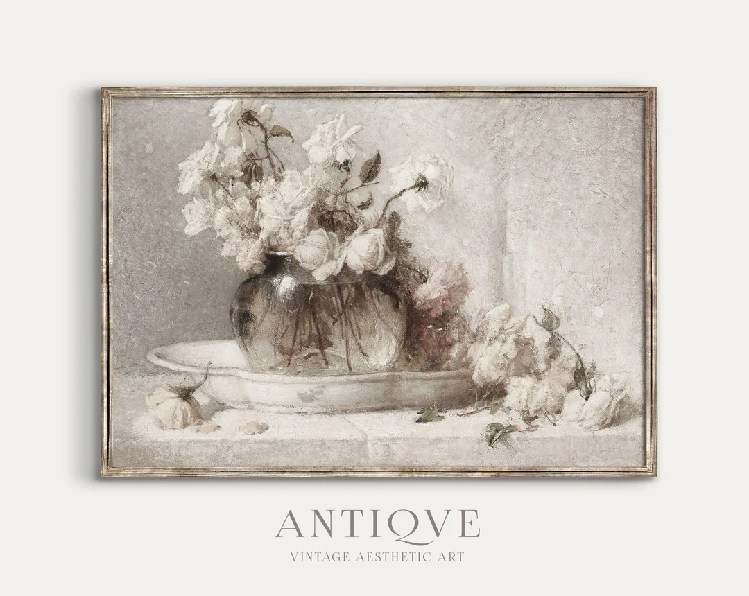 Clear Still Life Art | White Roses in Glass Vase Oil Painting | Spring Vintage Printable Wall Art... | Etsy (US)