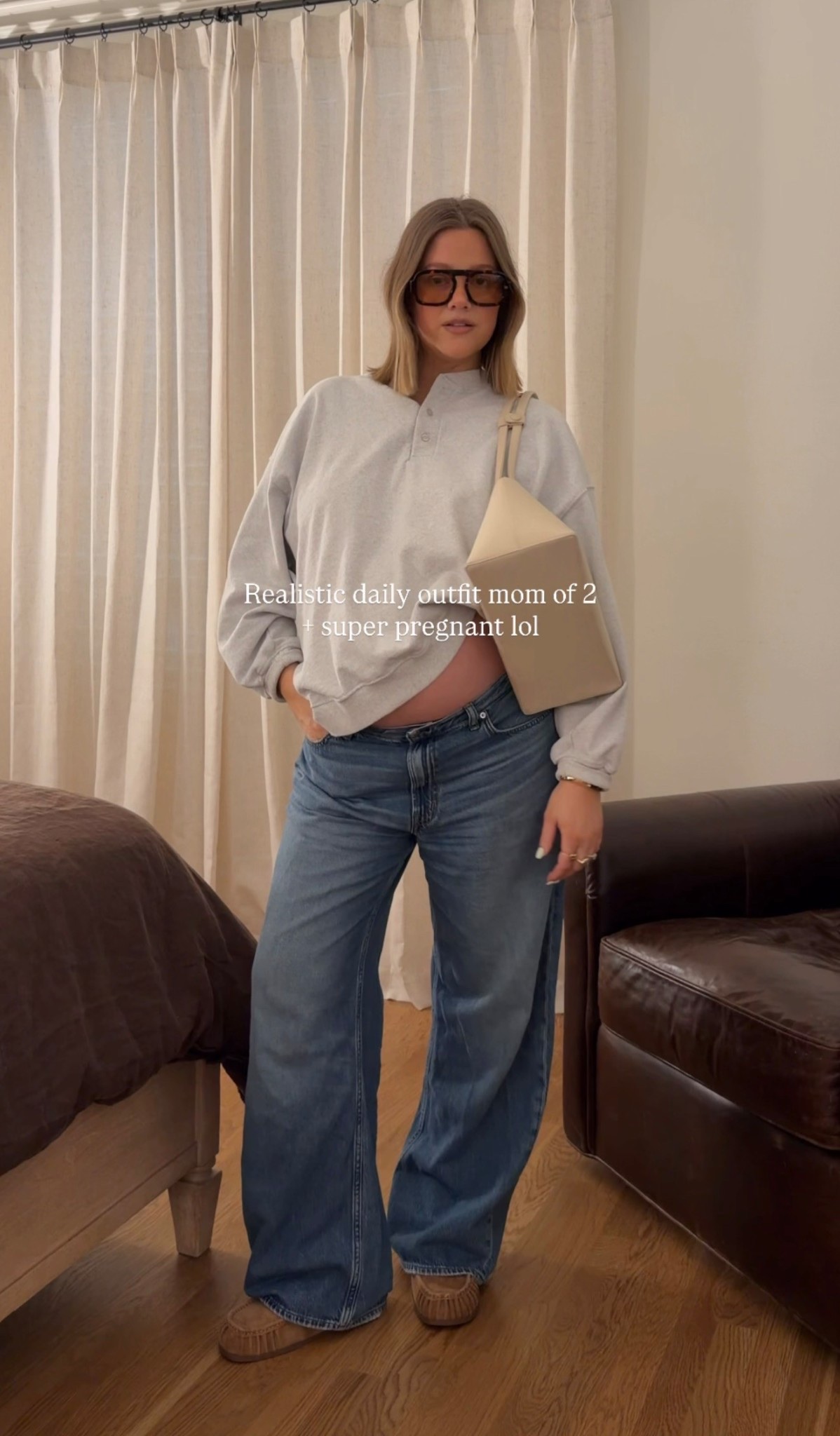 My favorite jeans for pregnancy - not maternity but a stretchy soft denim that’s low rise!! I am wearing a 31 and they’re still pretty loose with room to grow. I would stick with your true size or just go up one if you’re pregnant because they’re roomy!! Dolce vita loafers remind me of the Prada ones I have - make sure you size DOWN a full size. I’m an 8 and bought a 7! Linked exact bag

#pregnancy #bresheppard #lowrise #madewell #dolcevita #casualstyle #bumpstyle
