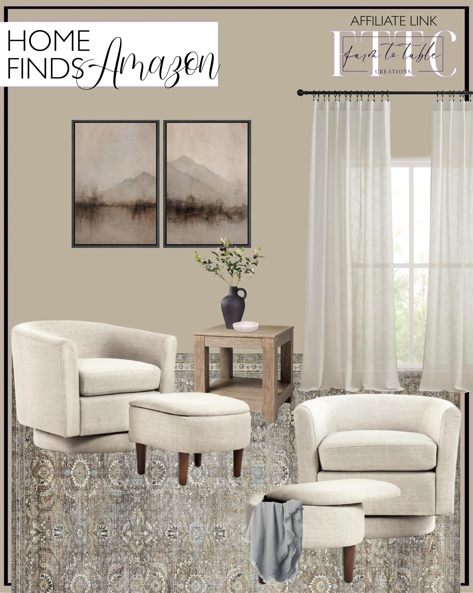 Amazon Home Finds. Follow @farmtotablecreations on Instagram for more inspiration.

Linen Curtains. Upholstered Swivel Barrel Chair. Loloi Layla Antique/Moss Area Rug. Maven Lane Paulo 2 Tiered Tall Square Rustic Wooden Side Table with Shelf Storage. Vase with handle. Cozy Throw Blanket. MUDECOR Framed Canvas Print Wall Art Set Abstract Mountain Landscape Soft Earth Tones. Travertine bowl. 

Bedroom Finds | Living Room | Bedroom Furniture | nightstands | Home Decor| Fireplace Decor | Spring Refresh |  Bedroom Finds | Neutral Stems | Spring Stems | Bookshelf Decor | Bedroom Space | Cozy Corner | Bathroom | Curated Entryway | Spring  Decor | End of Year Clearance | Trending Decor | Viral Decor | Amazon Holiday | Bedroom corner | Coffee Table Decor | Neutral Decor | Fall Stem Sale | Target Finds | Skinny Bench | Bedroom | Living Room | Breakfast Nook | Amazon Home | Target Sale | Loloi Rugs | Magnolia Home | console table | console table styling | faux stems | entryway space | front porch decor | neutral decor | entryway decor | cozy home | affordable decor |  home decor | home inspiration | console styling | entryway rug | cozy moody home | moody home decor | neutral home | bathroom decor | living room | spring decor | Hearth & Hand | Studio McGee




#LTKHome #LTKFindsUnder50 #LTKSaleAlert