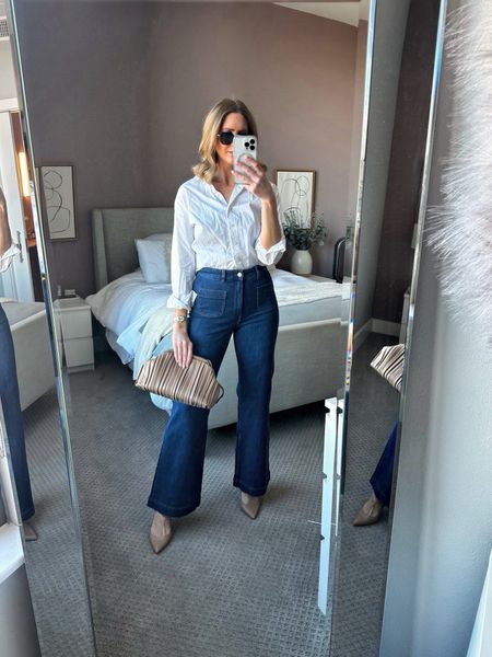 Jeans that remind me of Victoria Beckham haha - fit tts and I love! Paired with nude heels and a white blouse 