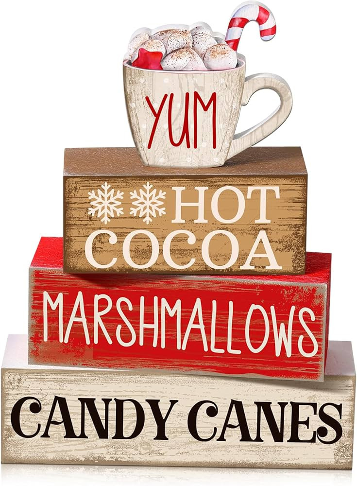 4 Pcs Wooden Christmas Tabletop Decor Hot Cocoa Tiered Tray Decor Rustic Wood Hot Cocoa Block Sig... | Amazon (US)
