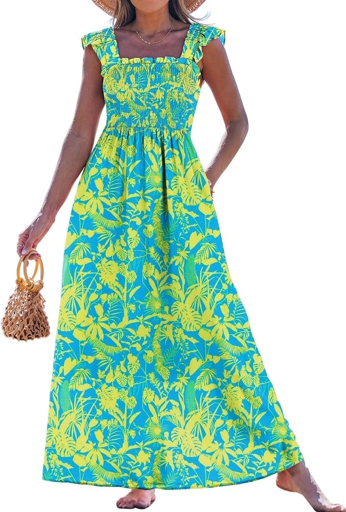popvil Women Summer Maxi Dress 2026 Spaghetti Strap Long Beach Dress Boho A-Line Flowy Casual Sle... | Amazon (US)