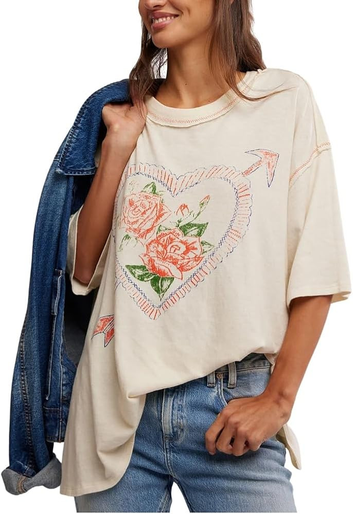 Womens Teens Oversized Graphic Tshirts Y2k Flower Fruit Vintage Tees Beach Surfer Casual Short Sl... | Amazon (US)