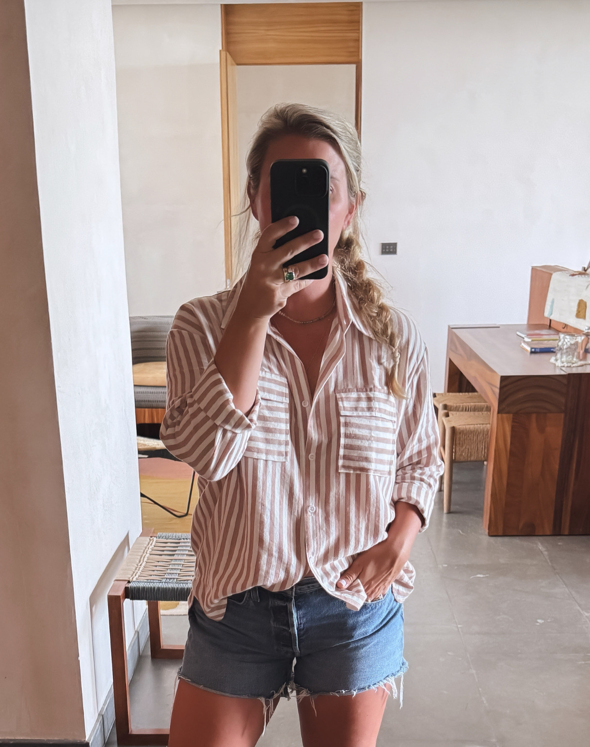 Striped button down and denim shorts 

 #LTKSeasonal #LTKStyleTip