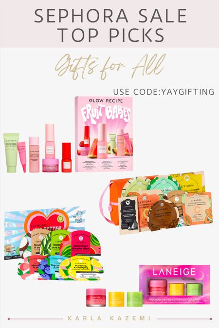 Sephora is having a major promotion right now! Enjoy up to 30% off using code: YAYGIFTING!🫶

This is the perfect time to buy gifts for any beauty lovers in your life or for yourself 💕

Here are some skin care gifts sets that include some of my FAVE items!! 😍 
The sheets masks make for amazing stocking stuffers, as well as the Laneige lips masks set😍

The glow recipe gift set is so great for anyone wanting to try out some of their AMAZING products💕



Sephora, gift guide, beauty lover gift guide, gifts for her, gifts for teens, gifts for mom, gifts for MIL, Sephora sale, Sephora picks, Sephora must haves, Sephora gift sets, beauty gift sets, holiday gift ideas, self care gifts.

#LTKbeauty #LTKfindsunder100 #LTKGiftGuide