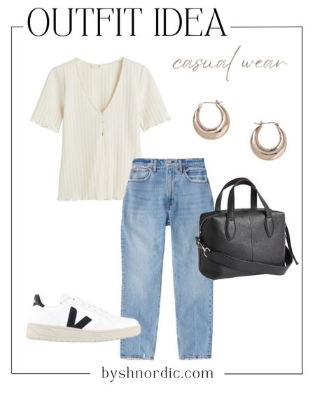 Cute Casual Outfit: white top, denim trousers, white trainers, hoop earrings, and black hand bag. #outfitidea #summerclothes #ukfashion #petitestyle

#LTKitbag #LTKstyletip #LTKFind