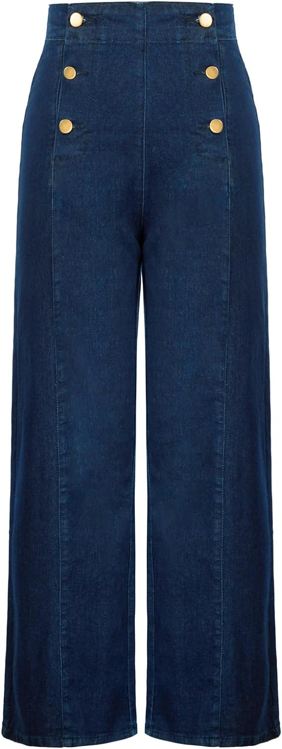 Belle Poque Women's High Waisted Wide Leg Jeans Button Decorated Casual Stretchy Demin Pants with... | Amazon (US)