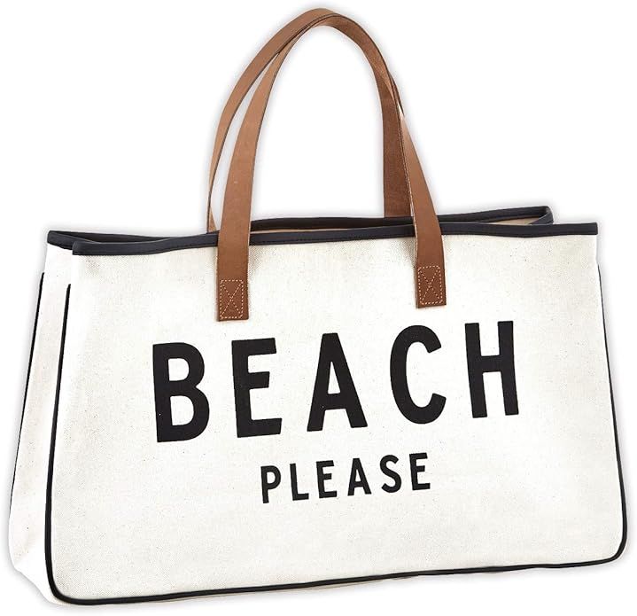 Beach Please Large Canvas Tote Bag with Leather Handles, 20 Inch | Amazon (US)