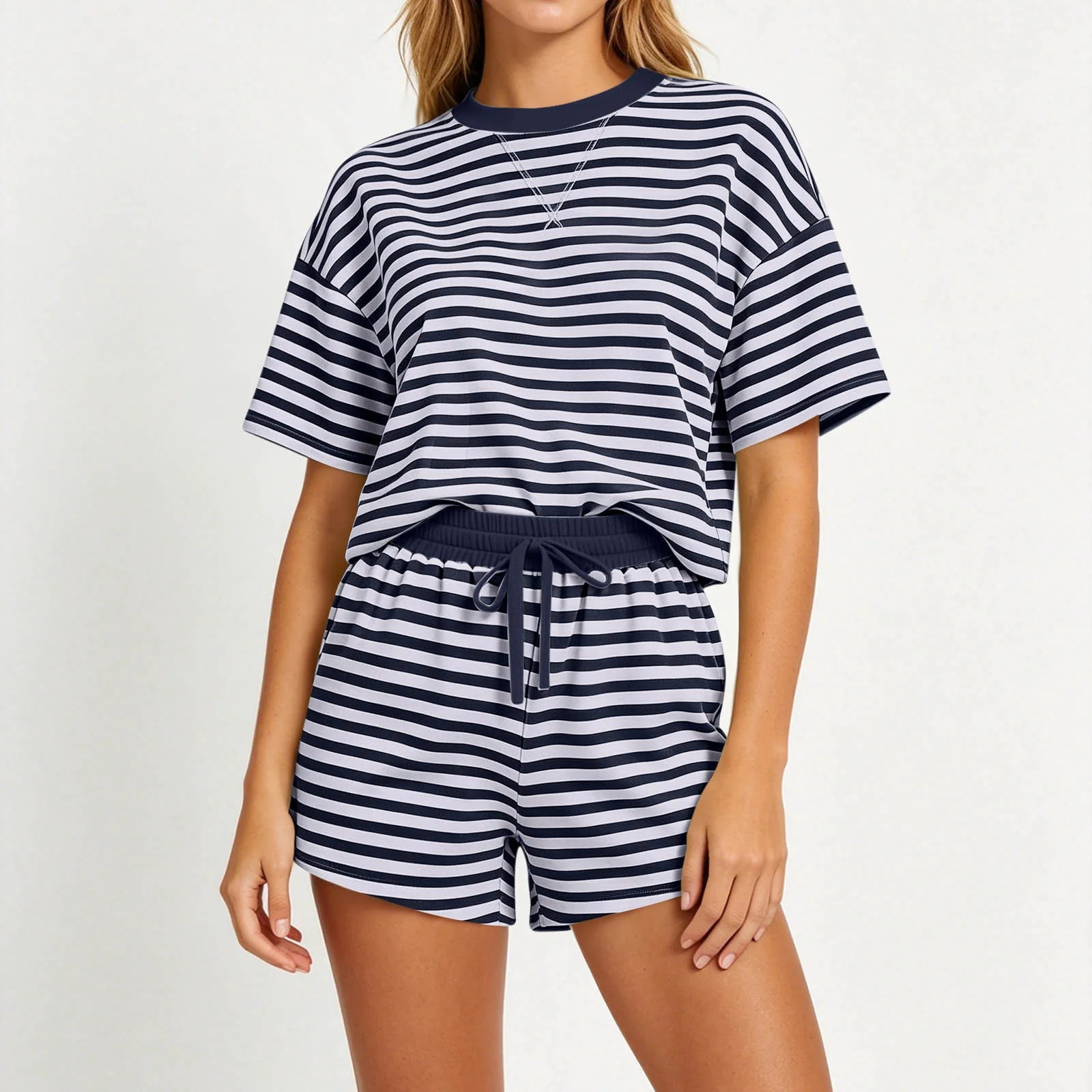Binmer Women's Striped 2 Piece Outfit, Short Sleeve T-Shirt and Drawstring Shorts Loungewear Set ... | Walmart (US)
