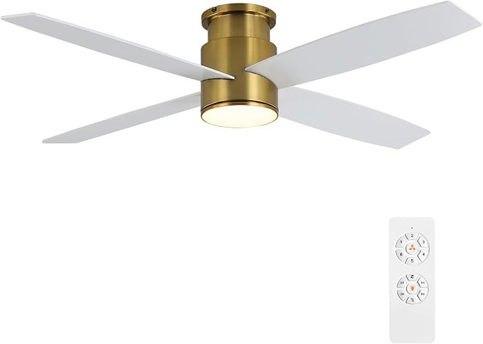 WINGBO 52 Inch Flush Mount DC Ceiling Fan with Lights and Remote, 4 Reversible Blades, Ultra Quiet 6-Speed DC Motor, Hugger Low Profile Indoor Ceiling Fan, Brass Finish | Amazon (US)