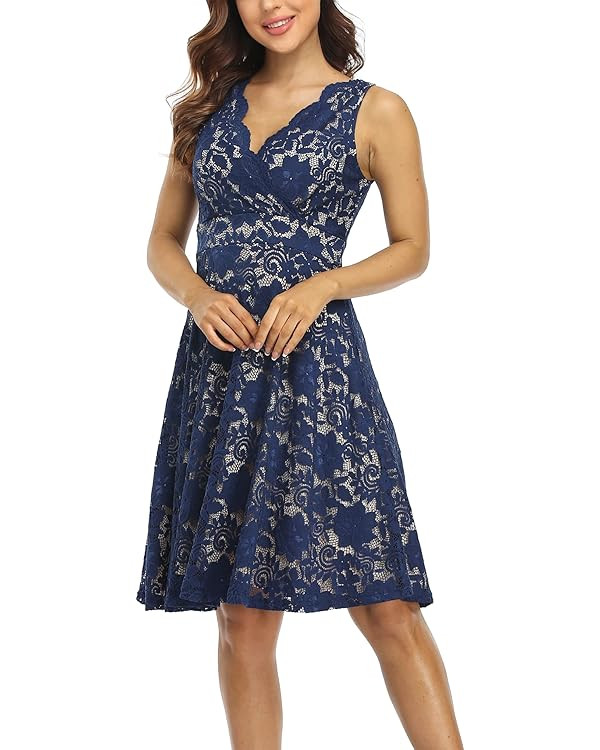 MISS MOLY Women's Floral Lace Overlay Fit and Flare Dress Sexy V-Neck Knee Length Elegant Party W... | Amazon (US)