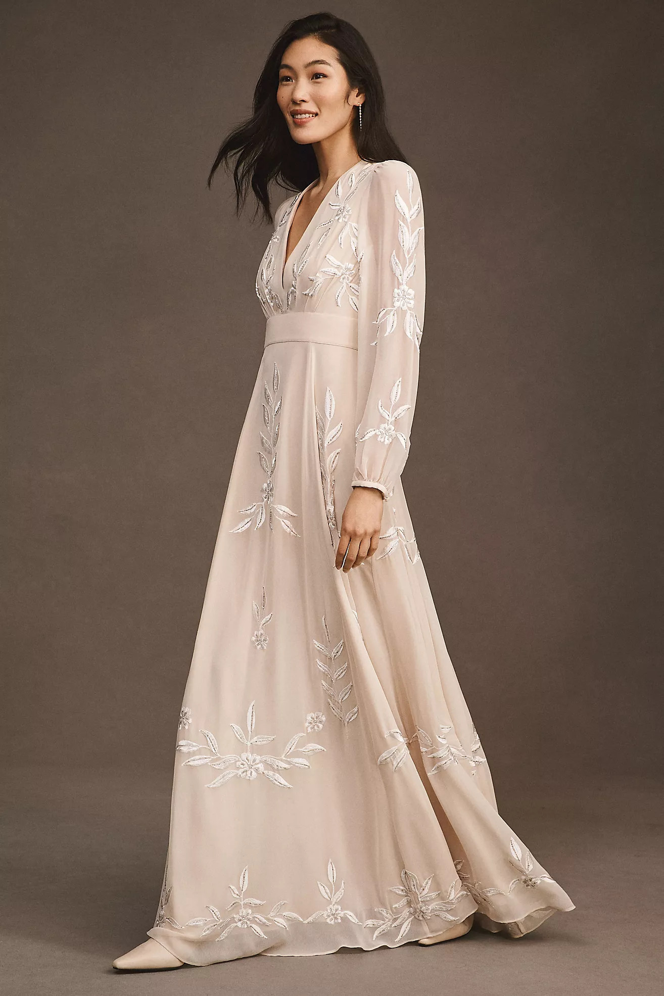 BHLDN Belize Embroidered A-Line Long-Sleeve V-Neck Gown | Anthropologie (US)