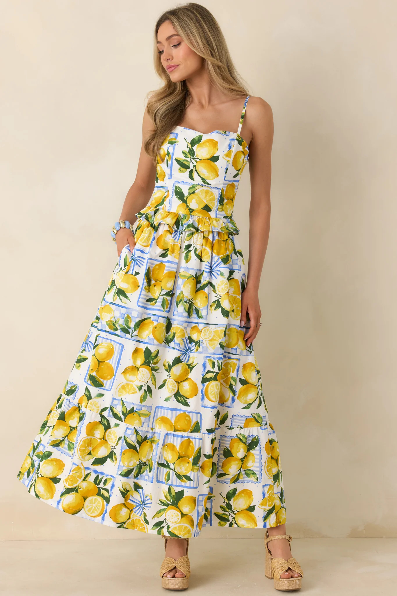 Sweet Citrus Charm White Multi Lemon Print Cotton Peplum Top | Red Dress