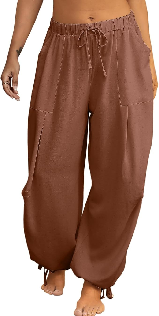Women Linen Harem Pants Summer Drawstring Casual Lounge Baggy Pant Beach Travel Vacation Trousers... | Amazon (US)